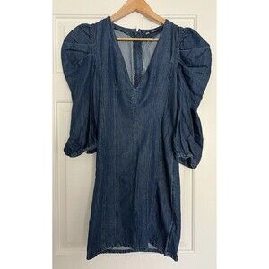 Zara Denim Dress Puff Sleeve Vneck Mini Size XS